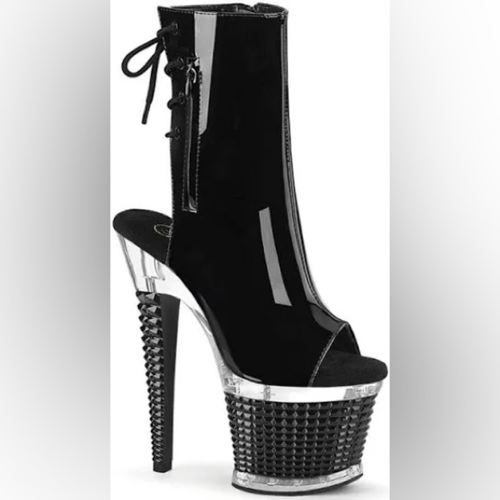 Pleaser Spectator 1018 Black Patent 7" Textured Heel Open Toe Ankle Boot
